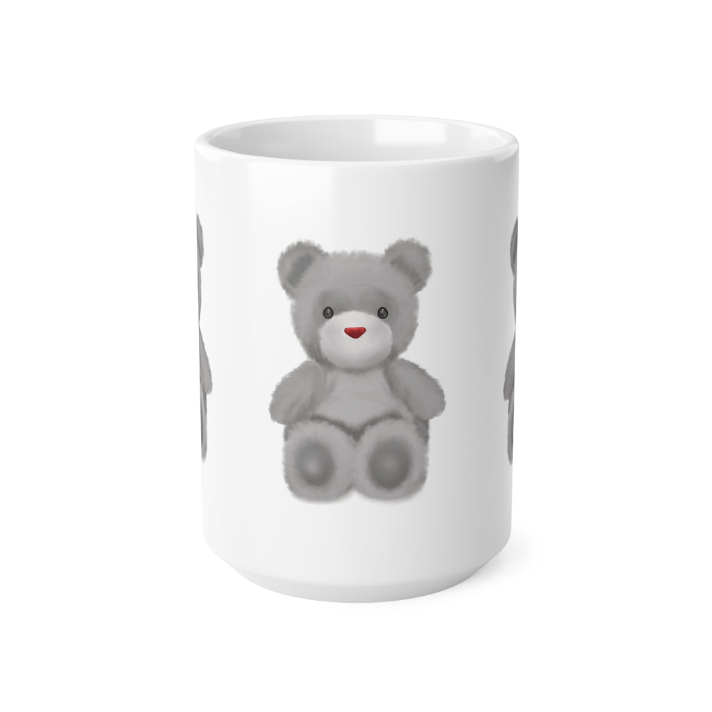 Teddy Bear Mug — Cute Grey Plush Bear Ceramic Coffee Cup (15oz)