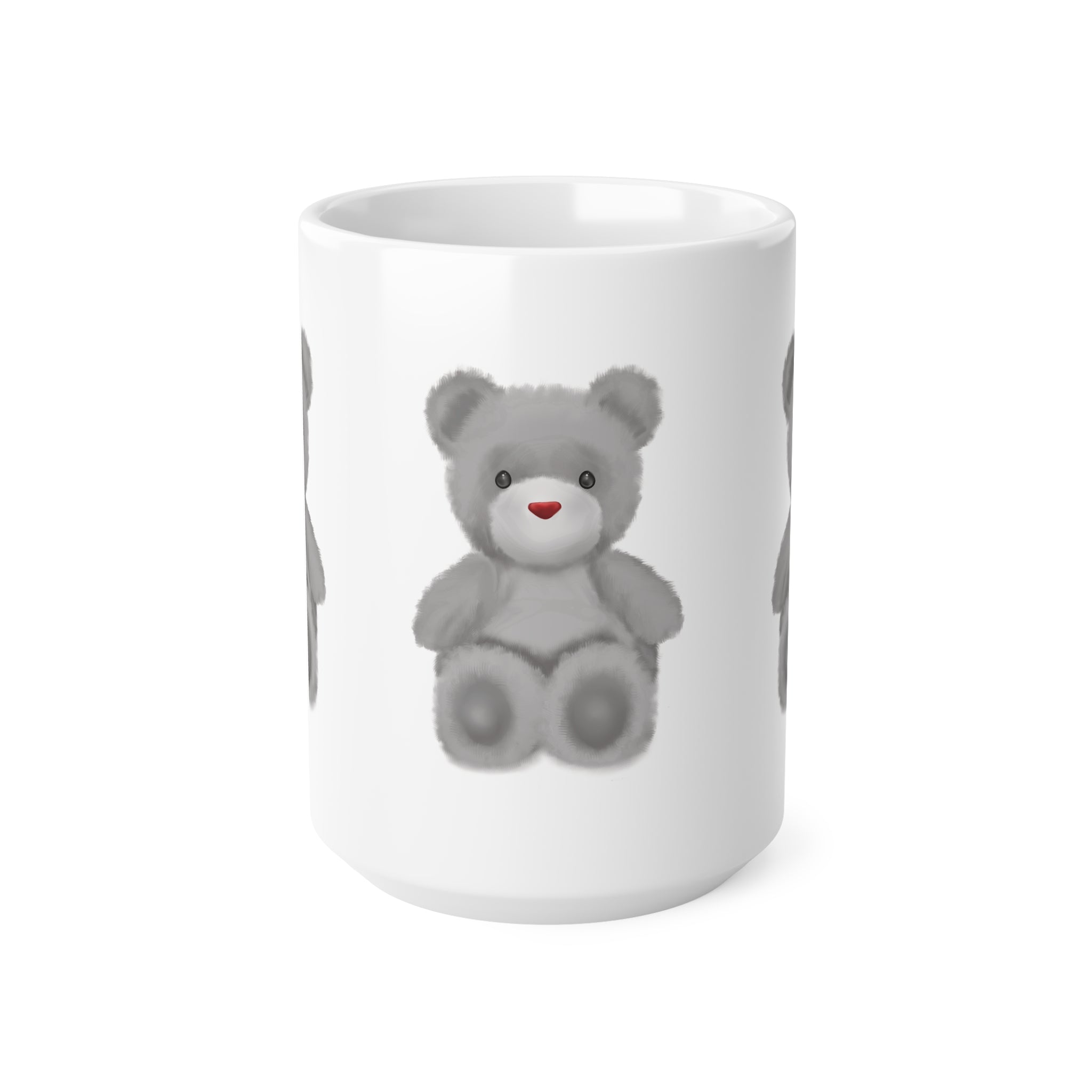 Teddy Bear Mug — Cute Grey Plush Bear Ceramic Coffee Cup (15oz)