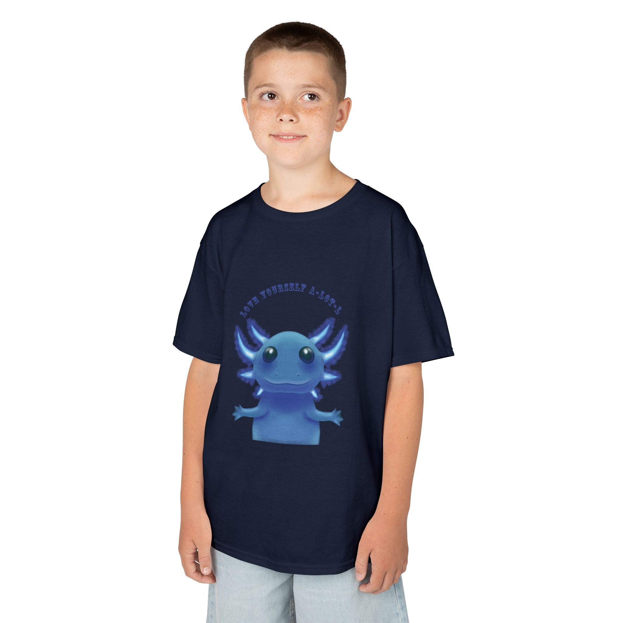 Kids Axolotl T‑Shirt — Cute Blue Axolotl 'Love Yourself A-lot-L