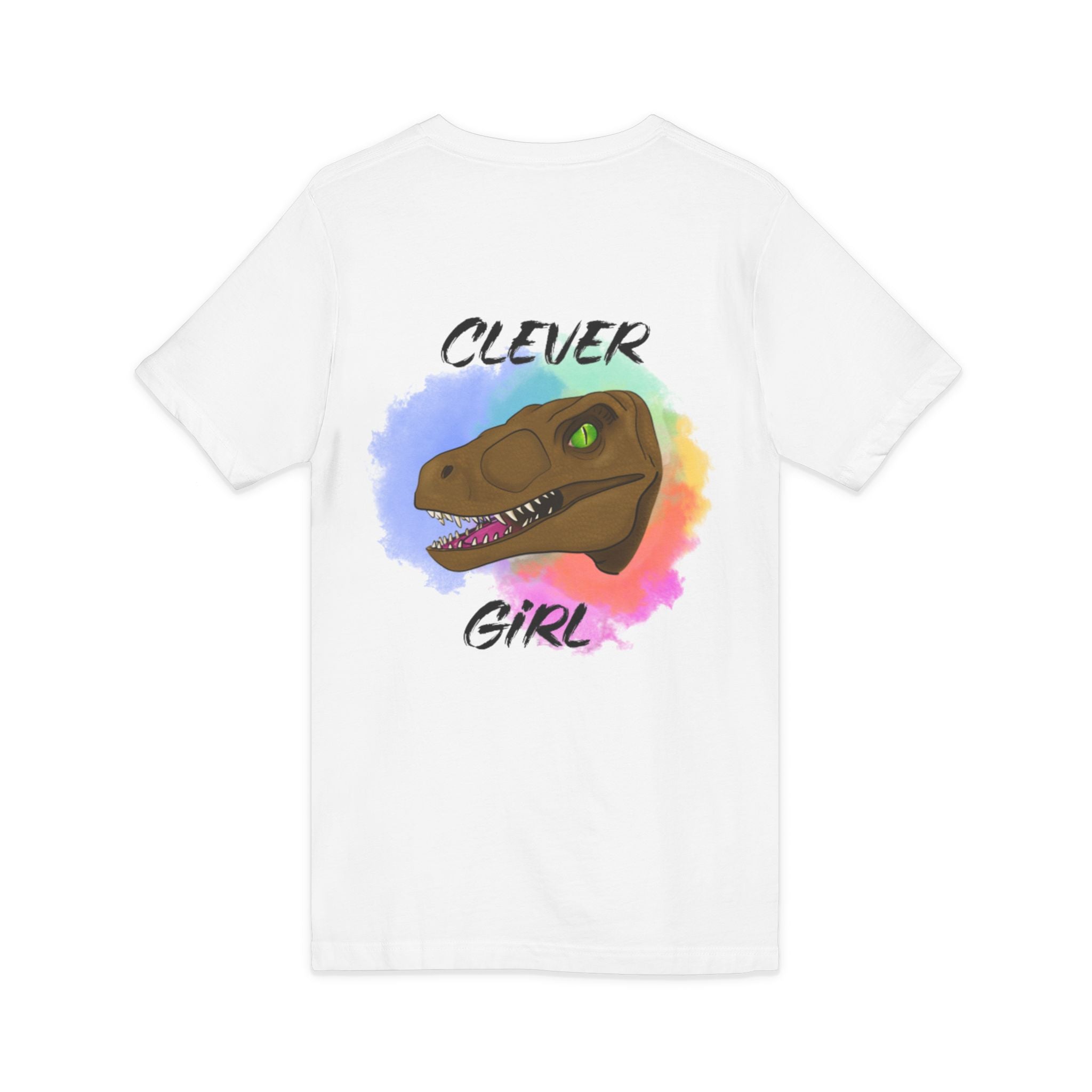 Clever Girl V-Neck Tee — Colourful Raptor Graphic T-Shirt