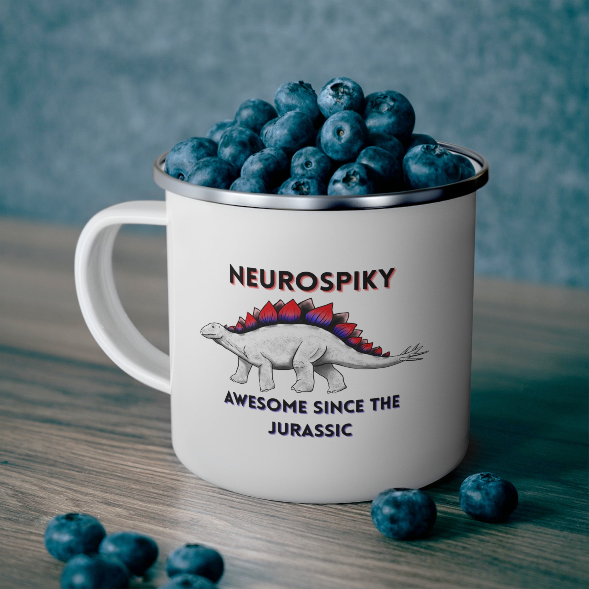 Enamel Mug — "Neurospiky - Awesome Since the Jurassic" Stegosaurus Fossil Hunting Coffee Cup
