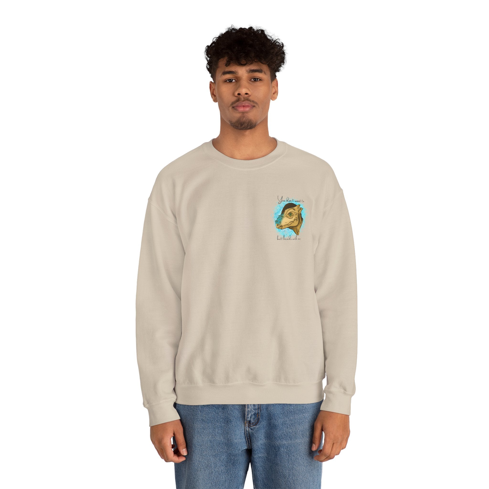 You Don’t Want To Butt Heads With Me Sweatshirt | Pachycephalosaurus Portrait, Blue Splash, Unisex