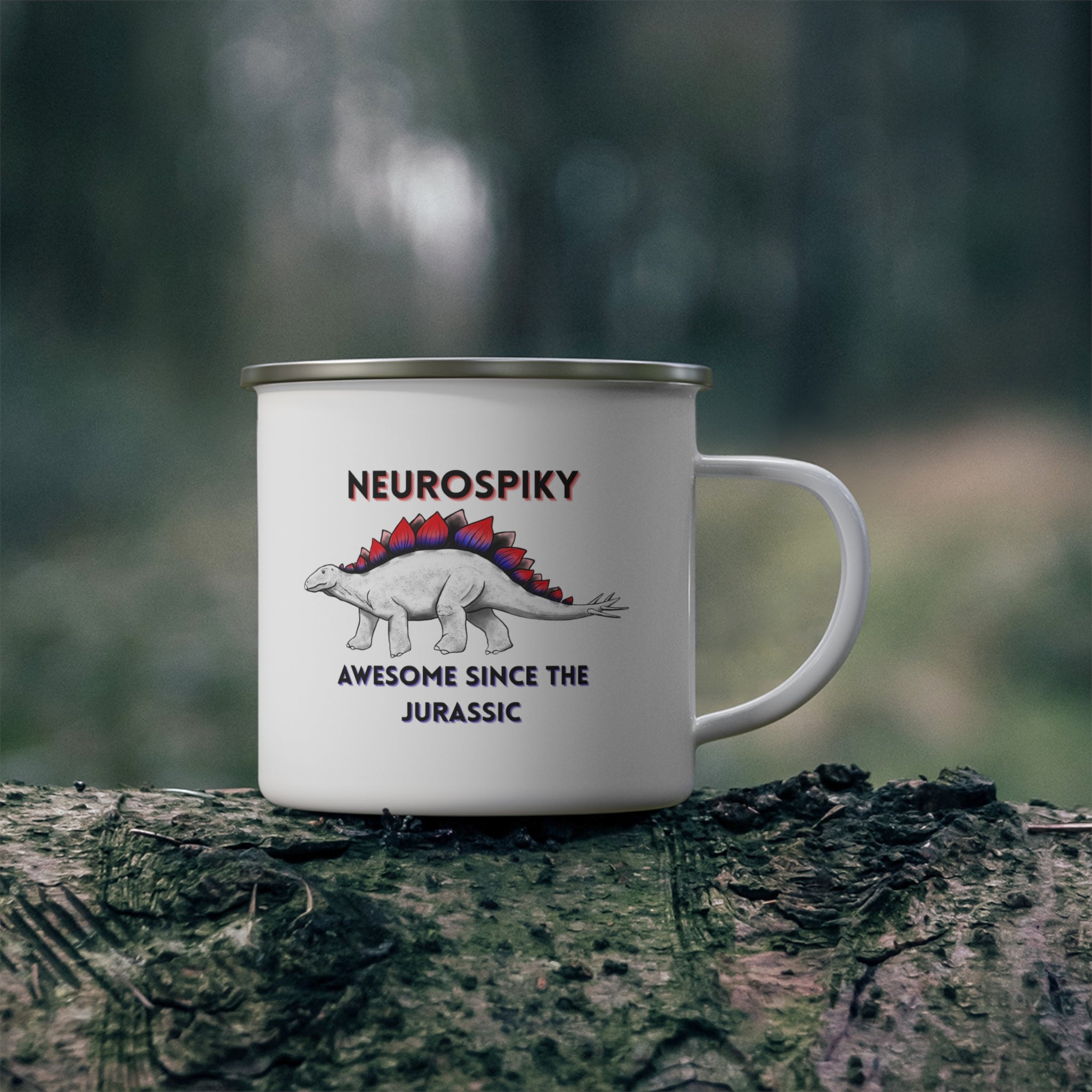 Enamel Mug — "Neurospiky - Awesome Since the Jurassic" Stegosaurus Fossil Hunting Coffee Cup
