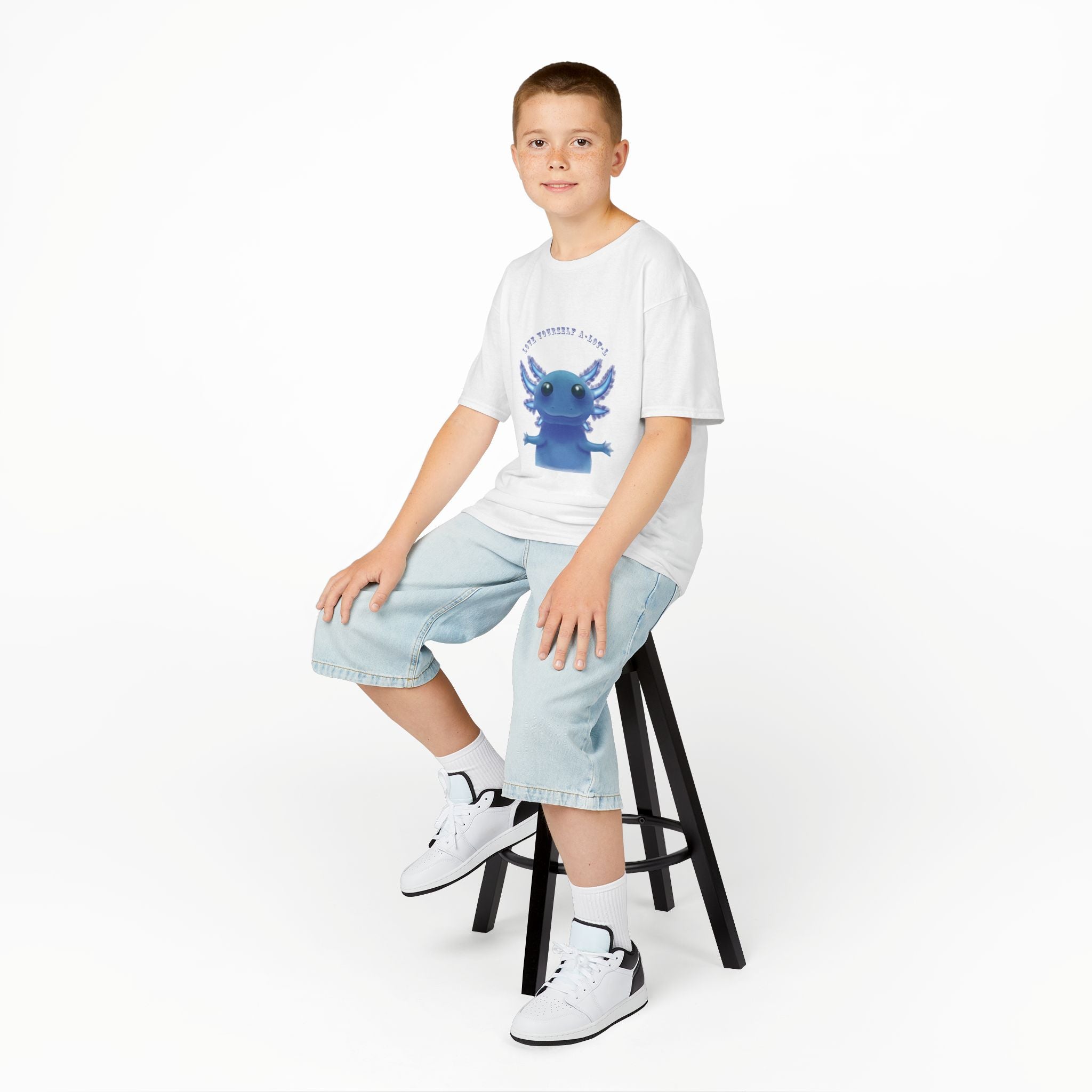 Kids Axolotl T‑Shirt — Cute Blue Axolotl 'Love Yourself A-lot-L