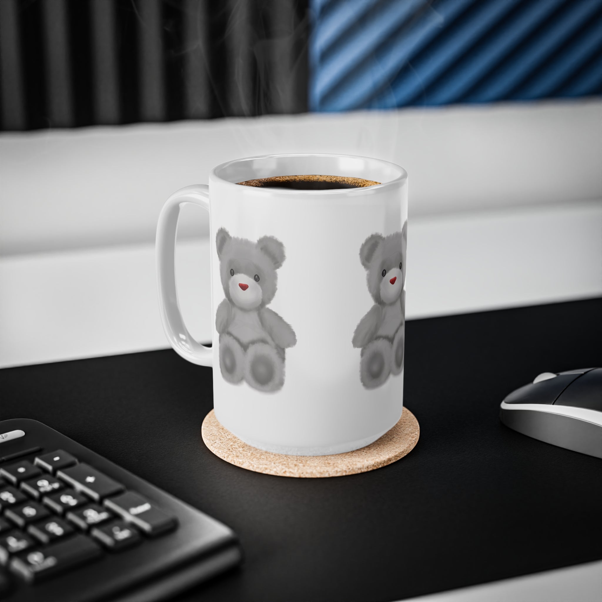 Teddy Bear Mug — Cute Grey Plush Bear Ceramic Coffee Cup (15oz)