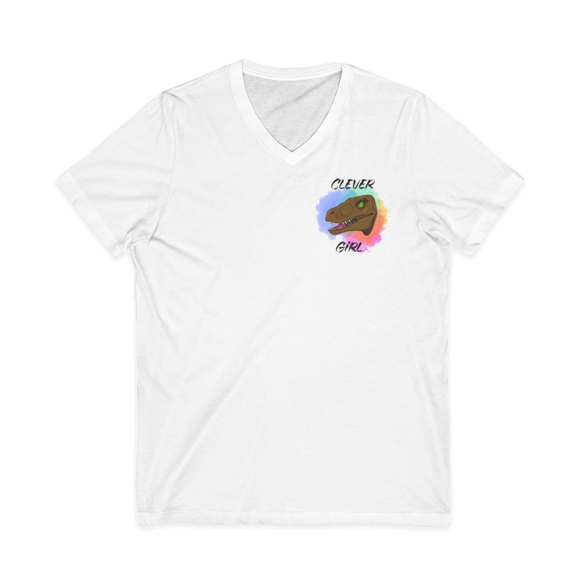 Clever Girl V-Neck Tee — Colourful Raptor Graphic T-Shirt