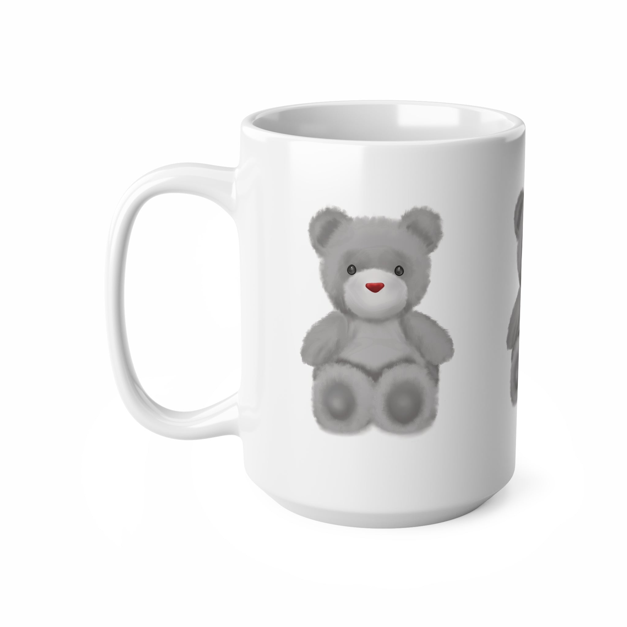 Teddy Bear Mug — Cute Grey Plush Bear Ceramic Coffee Cup (15oz)