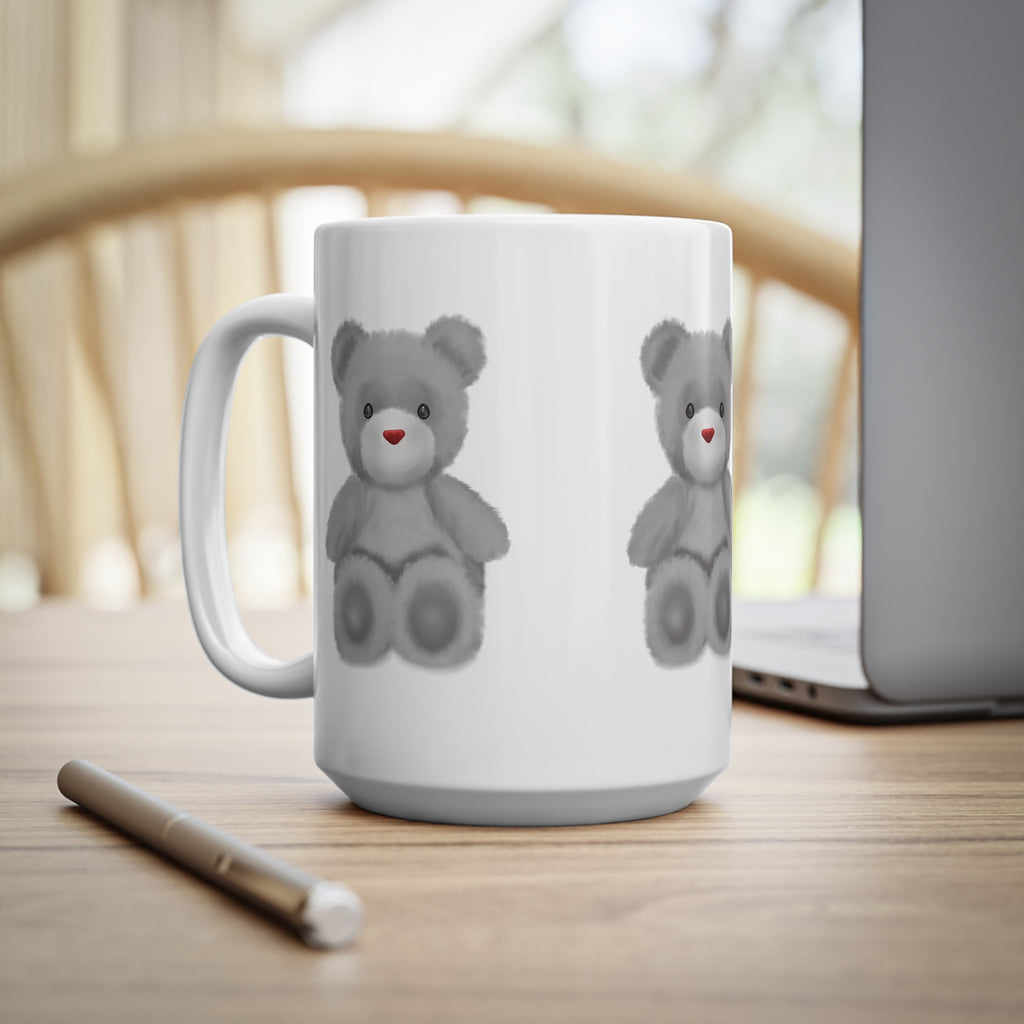 Teddy Bear Mug — Cute Grey Plush Bear Ceramic Coffee Cup (15oz)