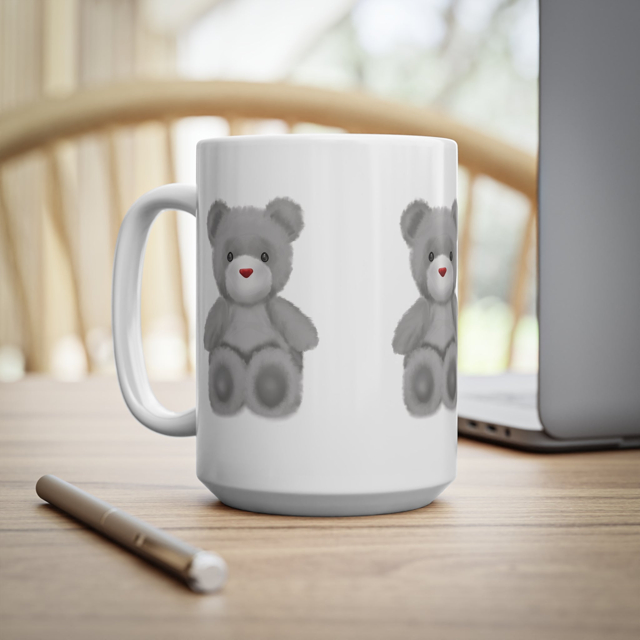 Teddy Bear Mug — Cute Grey Plush Bear Ceramic Coffee Cup (15oz)