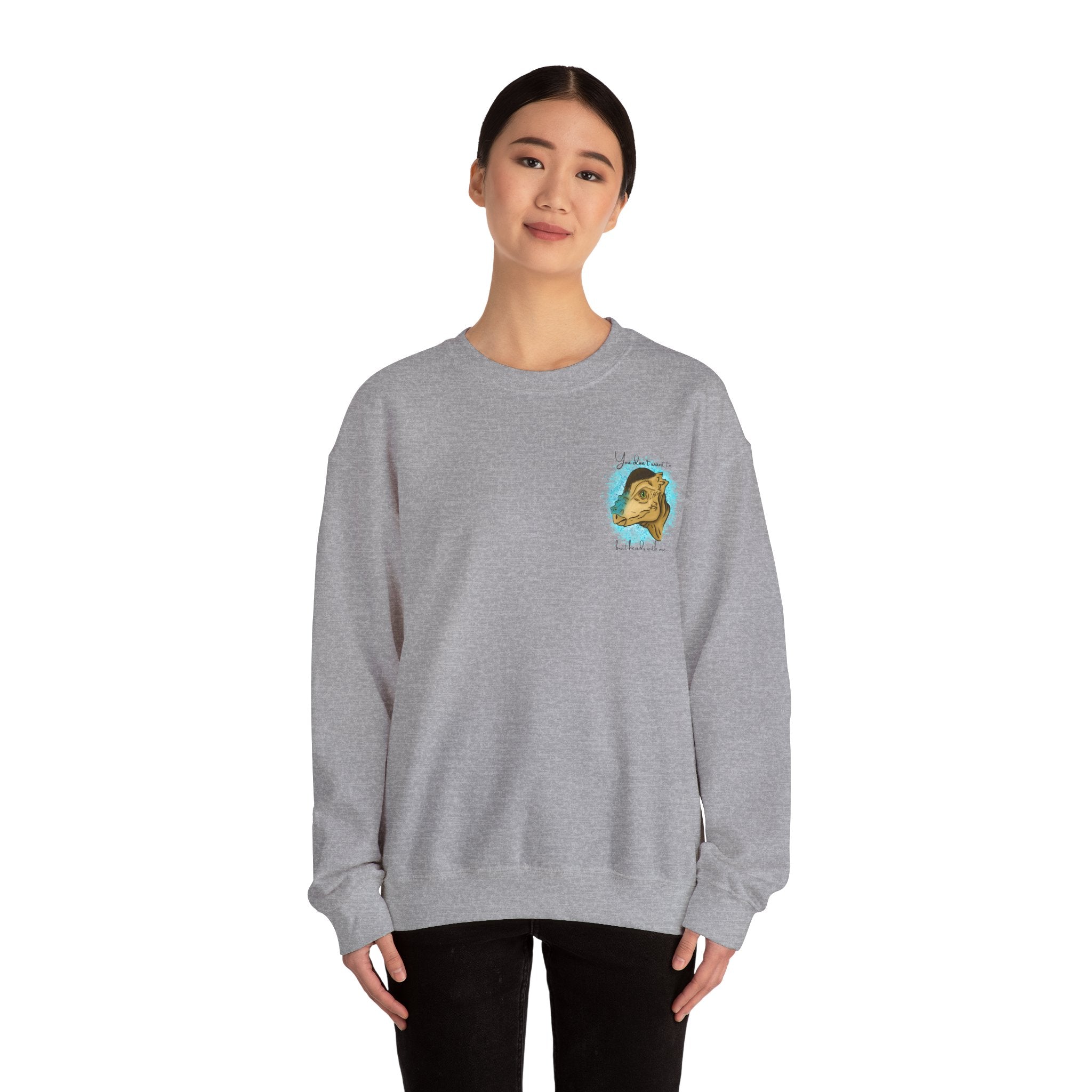 You Don’t Want To Butt Heads With Me Sweatshirt | Pachycephalosaurus Portrait, Blue Splash, Unisex