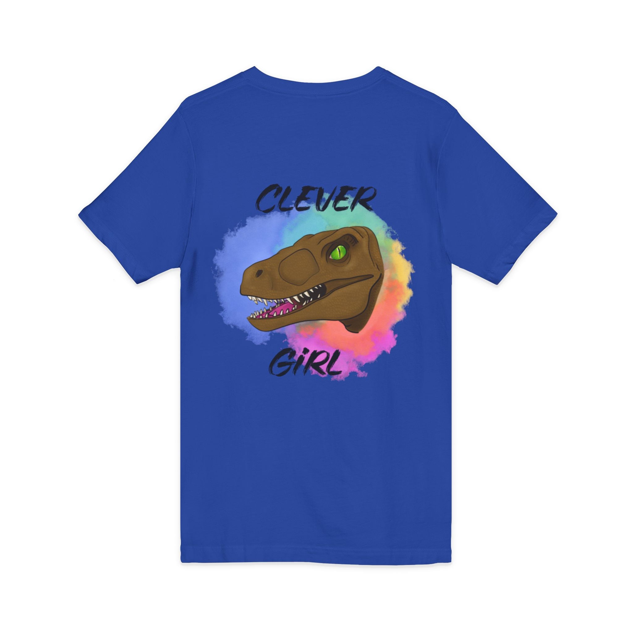 Clever Girl V-Neck Tee — Colourful Raptor Graphic T-Shirt