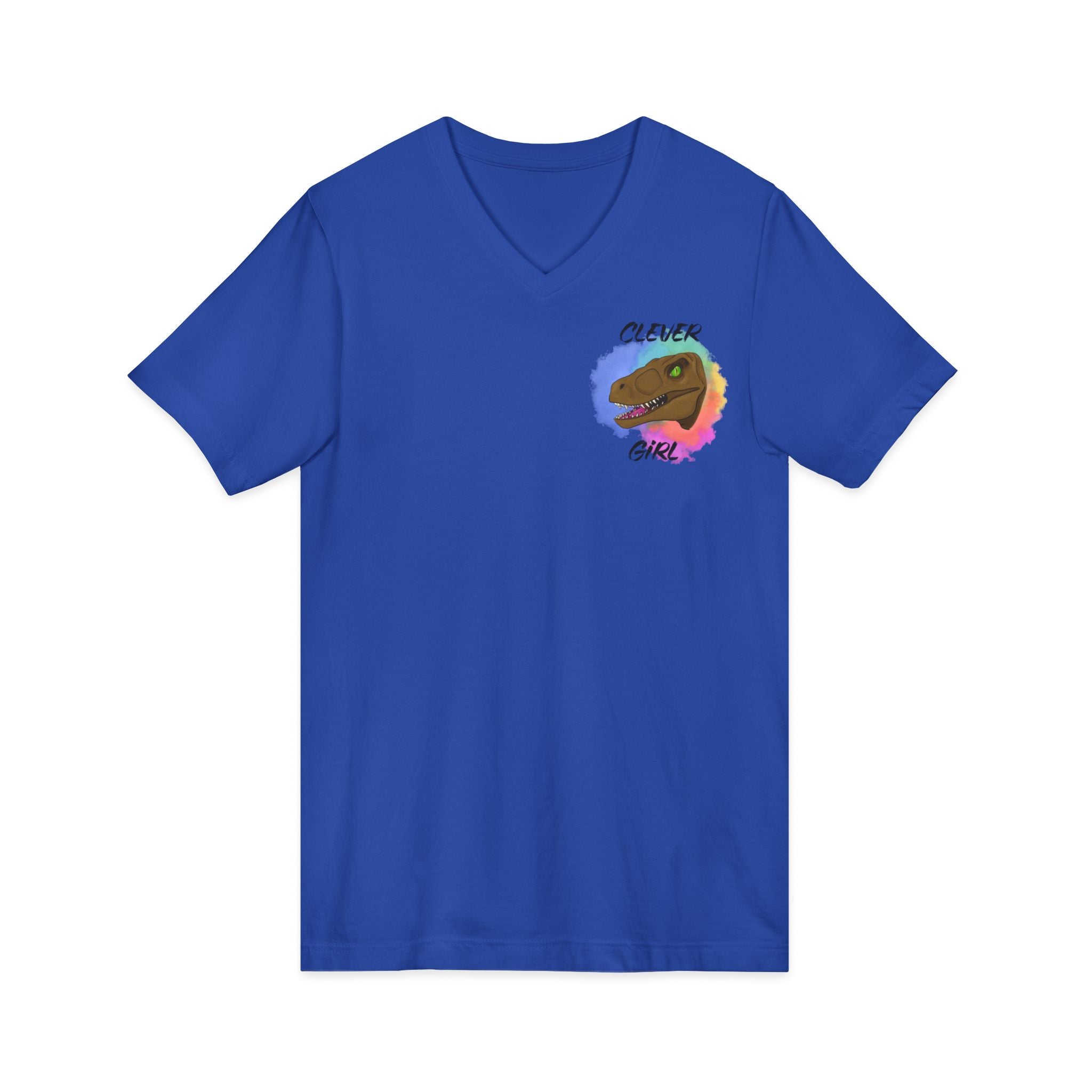 Clever Girl V-Neck Tee — Colourful Raptor Graphic T-Shirt