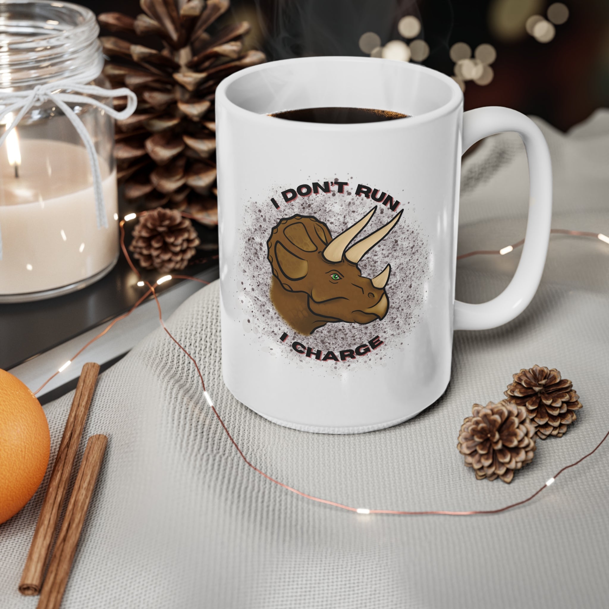 Triceratops Ceramic Mug – "I Don't Run, I Charge"