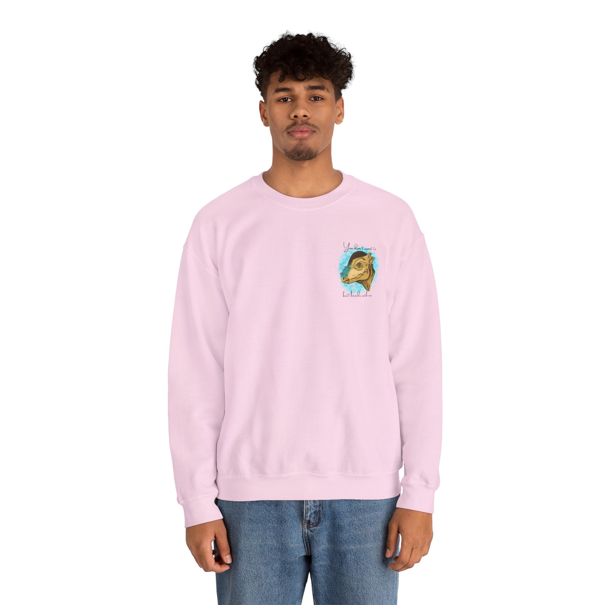 You Don’t Want To Butt Heads With Me Sweatshirt | Pachycephalosaurus Portrait, Blue Splash, Unisex