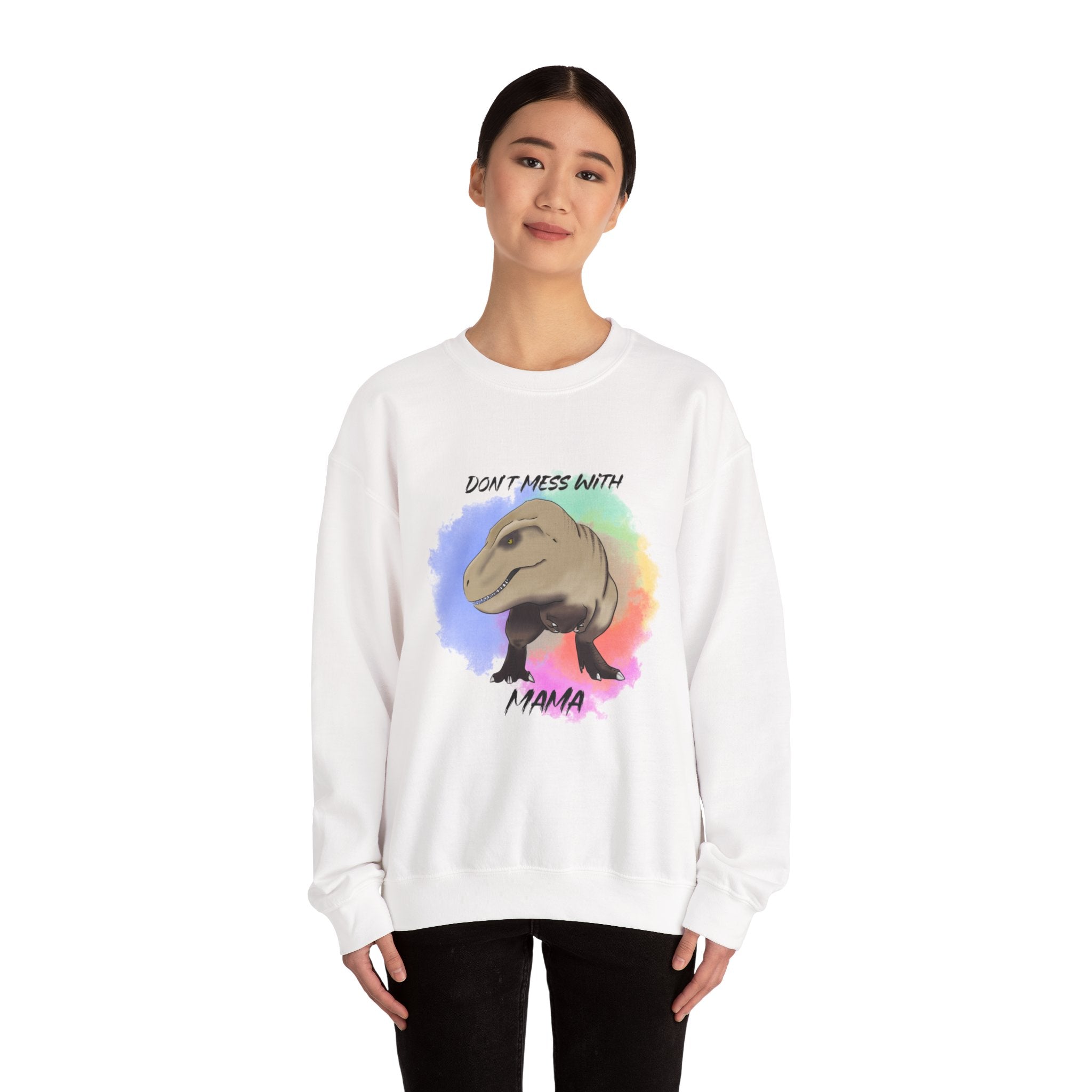 Crewneck Sweatshirt — "Don't Mess With Mama" Dinosaur Watercolour Splash Design
