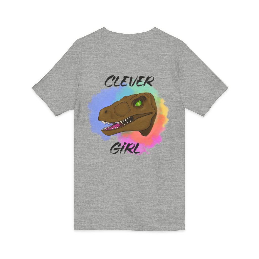 Clever Girl V-Neck Tee — Colourful Raptor Graphic T-Shirt