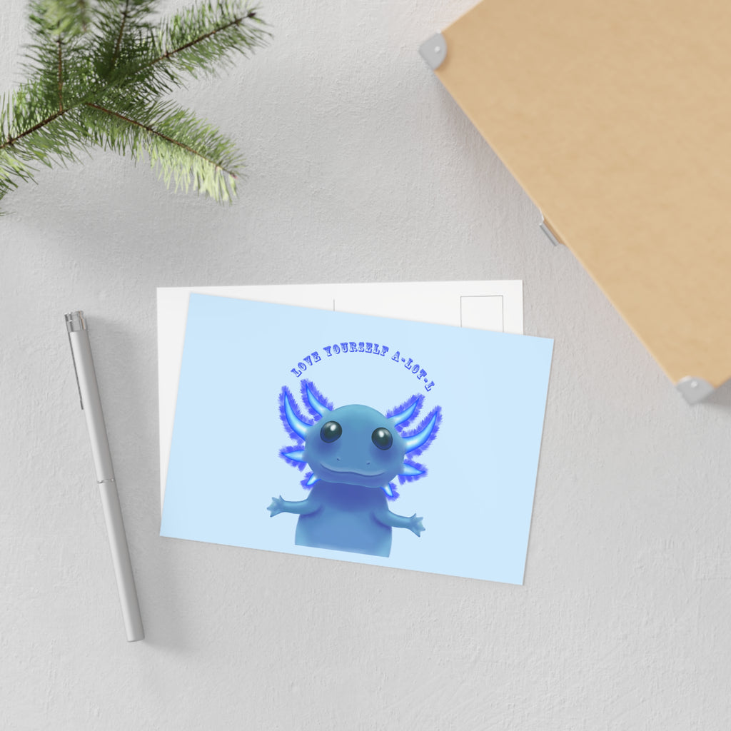 Axolotl Postcard – "Love Yourself A-Lotl" Cute Blue Axolotl Fine Art Postcard