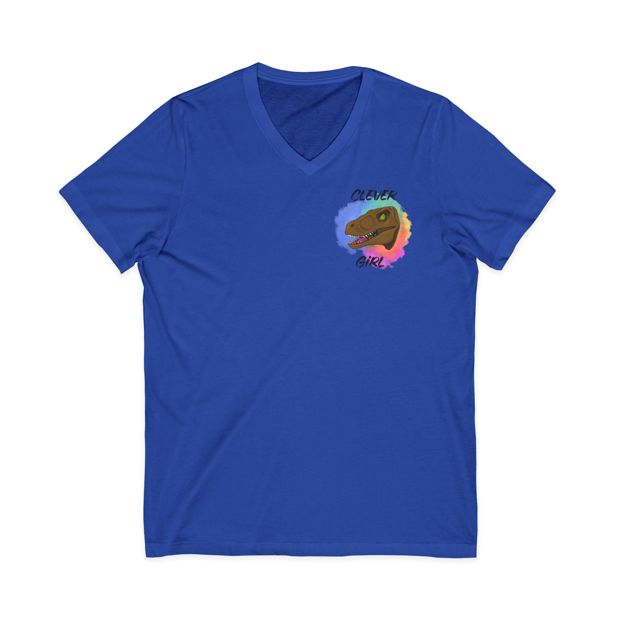 Clever Girl V-Neck Tee — Colourful Raptor Graphic T-Shirt