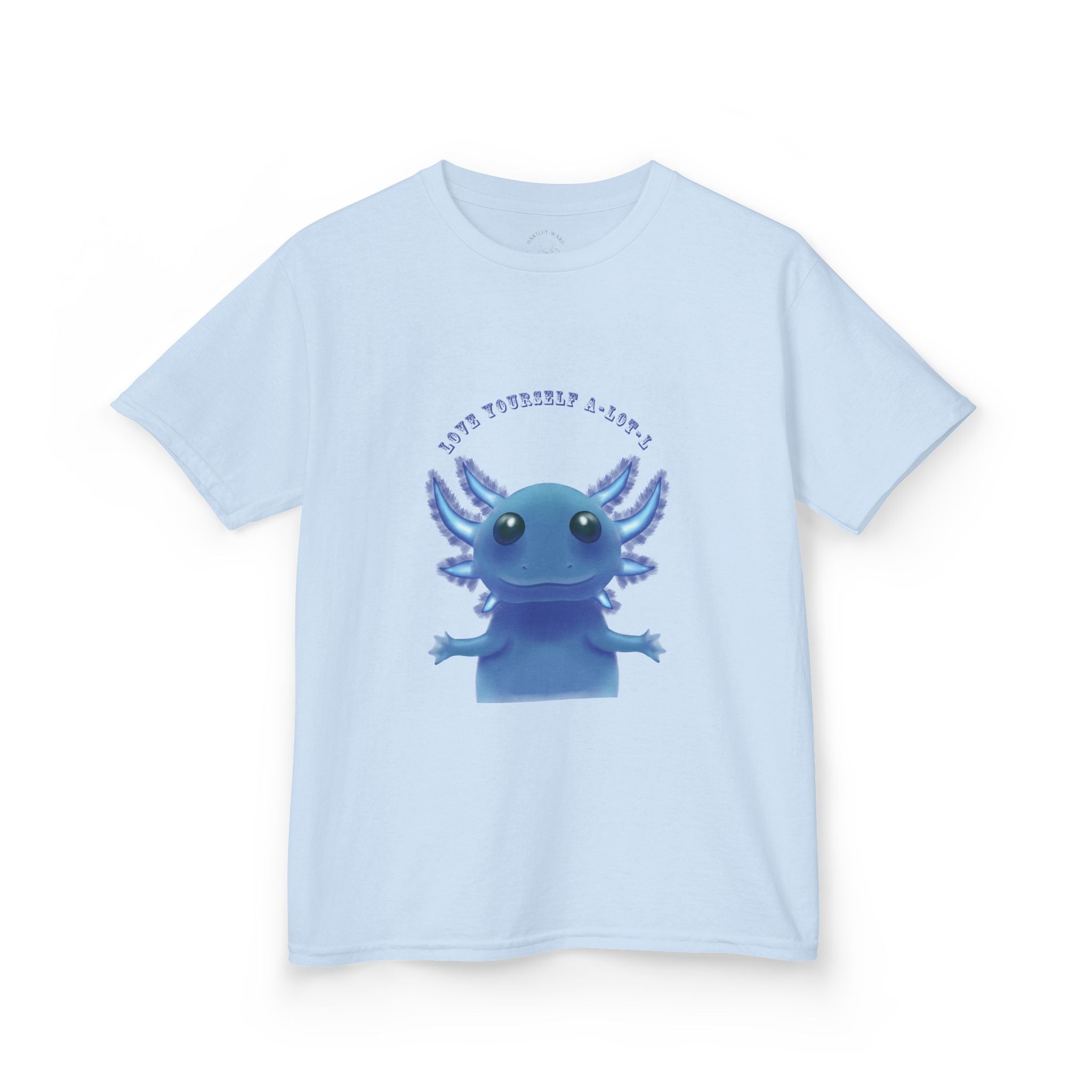 Kids Axolotl T‑Shirt — Cute Blue Axolotl 'Love Yourself A-lot-L