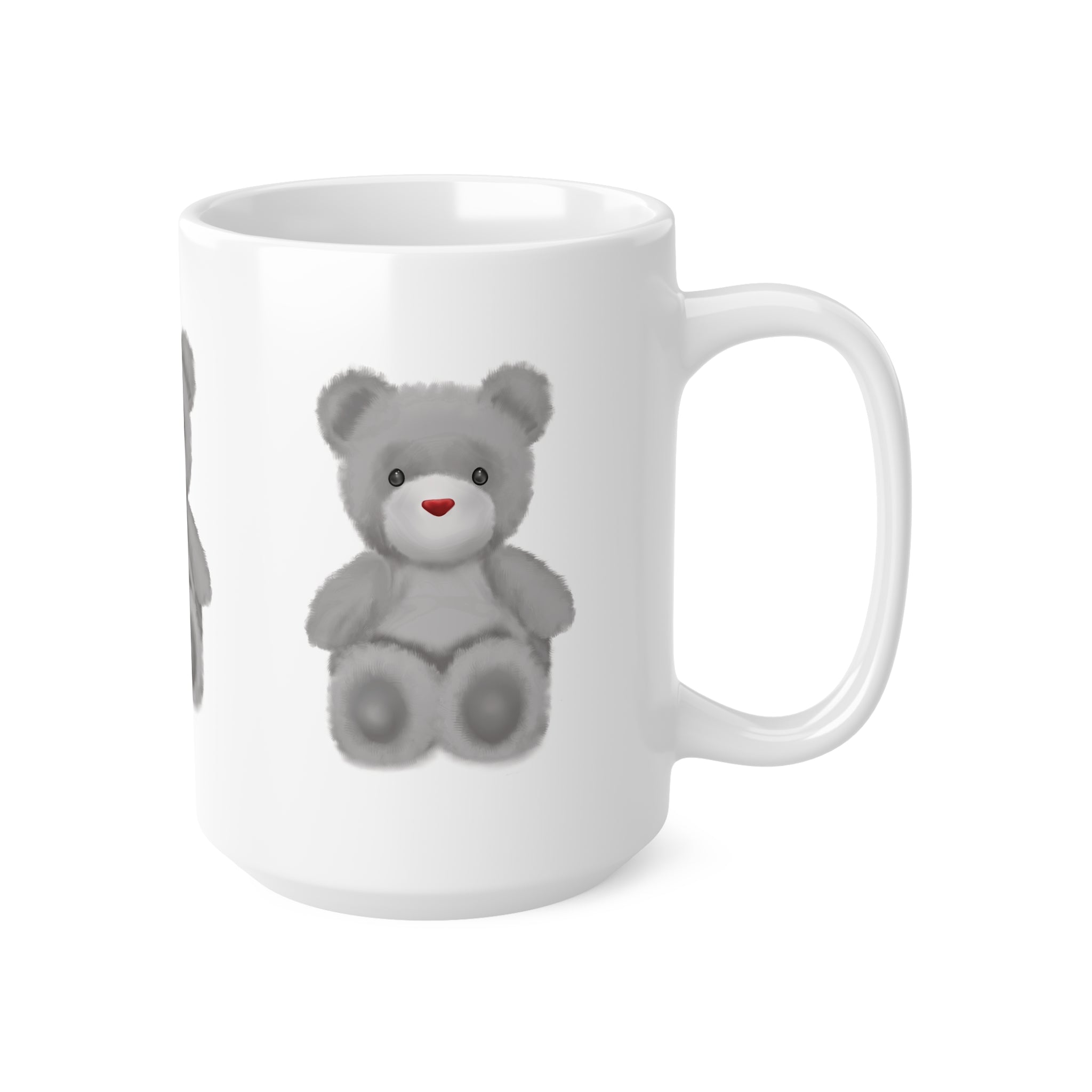 Teddy Bear Mug — Cute Grey Plush Bear Ceramic Coffee Cup (15oz)