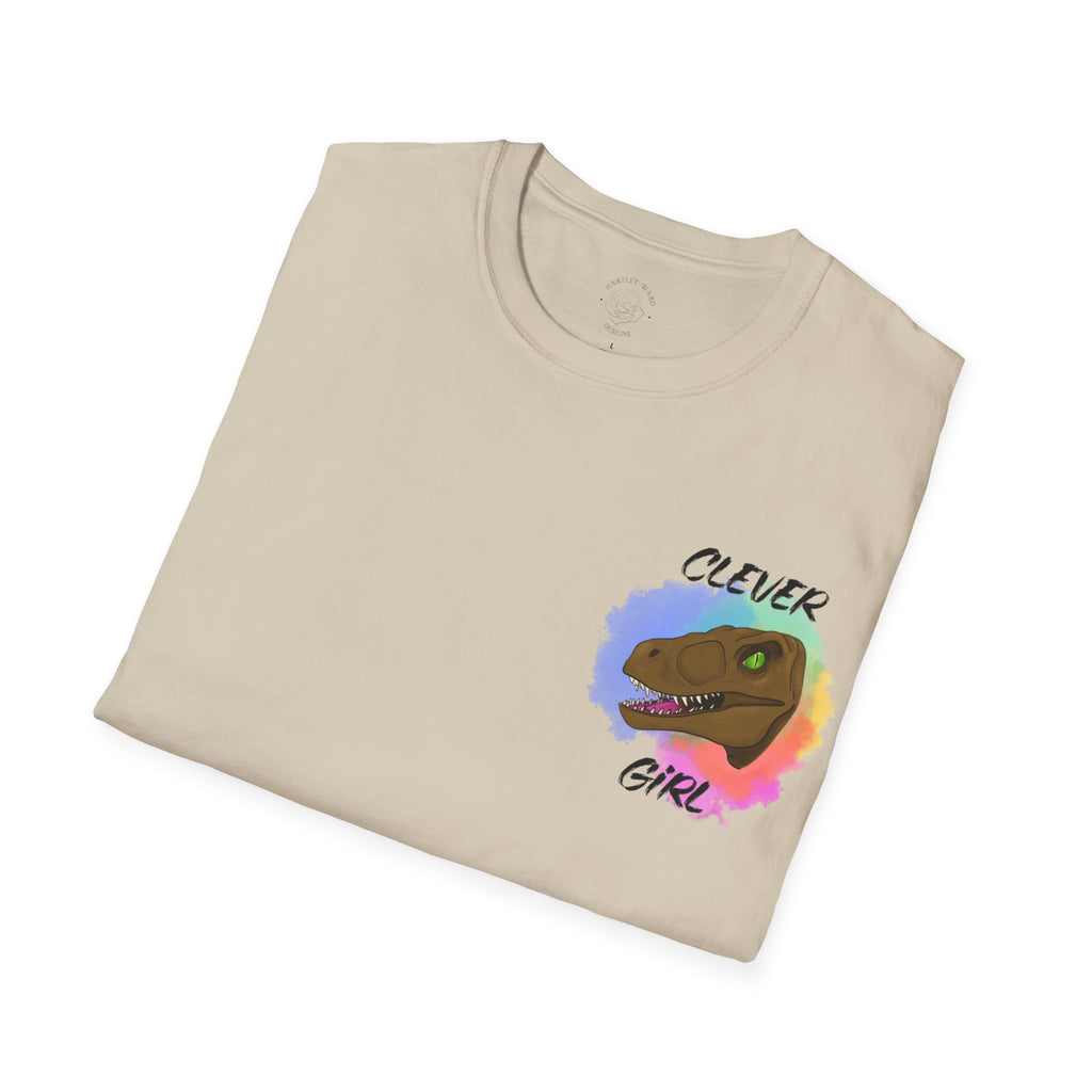 Clever Girl T‑Shirt — Colorful Raptor Graphic Tee for Dino Fans