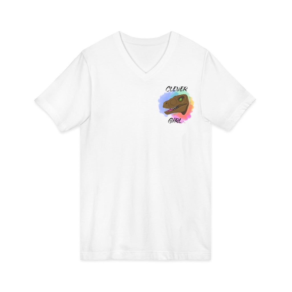Clever Girl V-Neck Tee — Colourful Raptor Graphic T-Shirt
