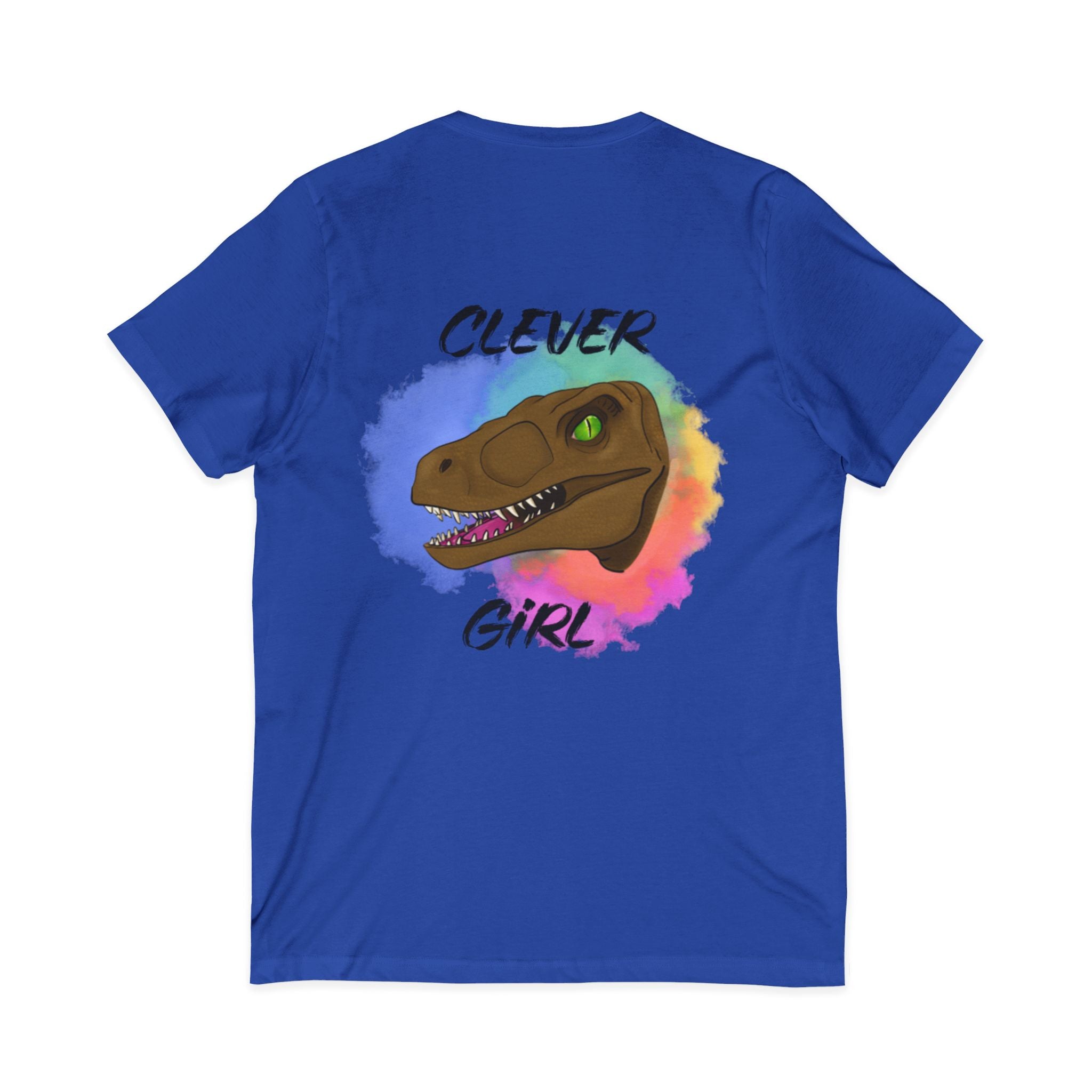 Clever Girl V-Neck Tee — Colourful Raptor Graphic T-Shirt