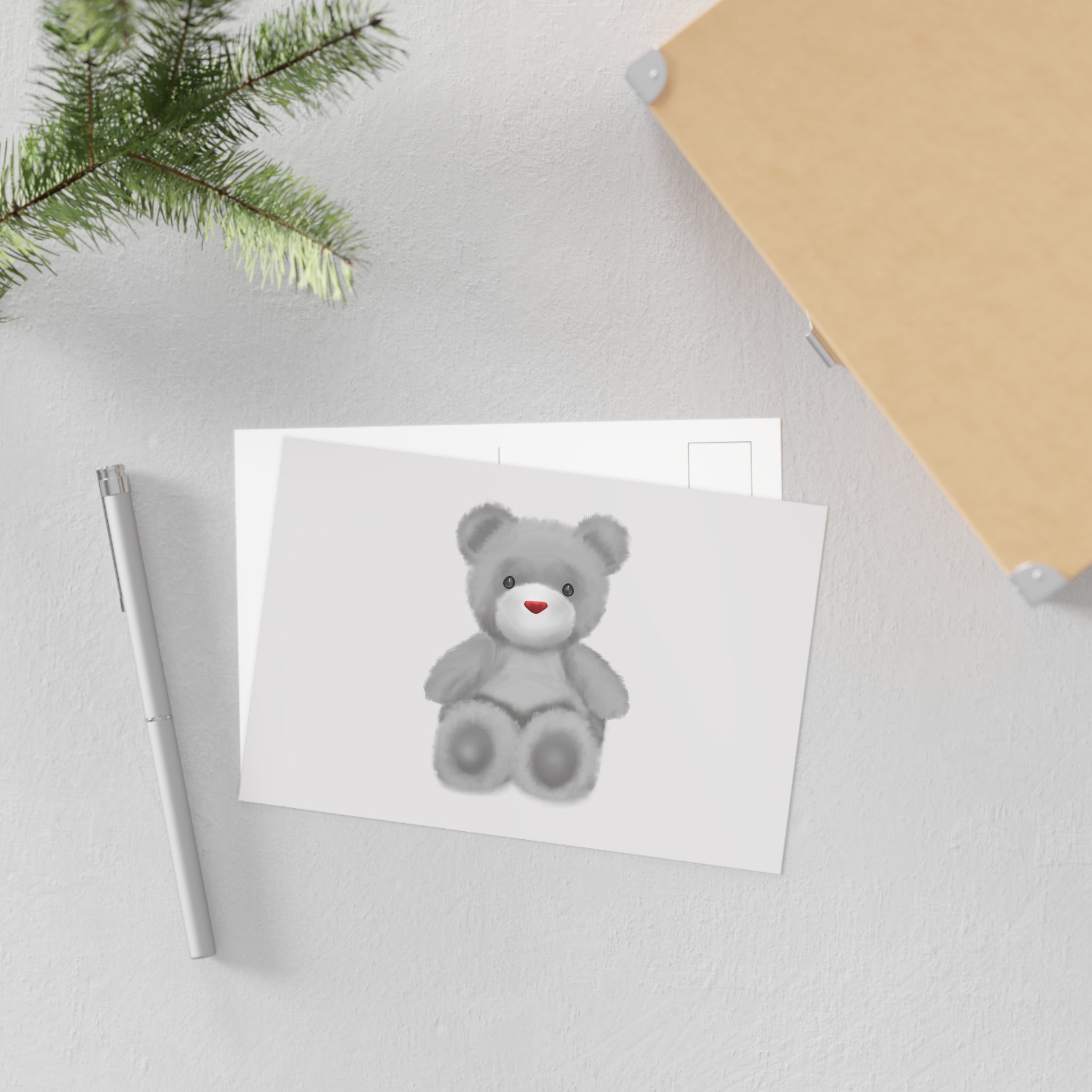 Teddy Bear Fine Art Postcard – Cute Grey Plush Illustration Cards for Baby Showers, New-born Announcements