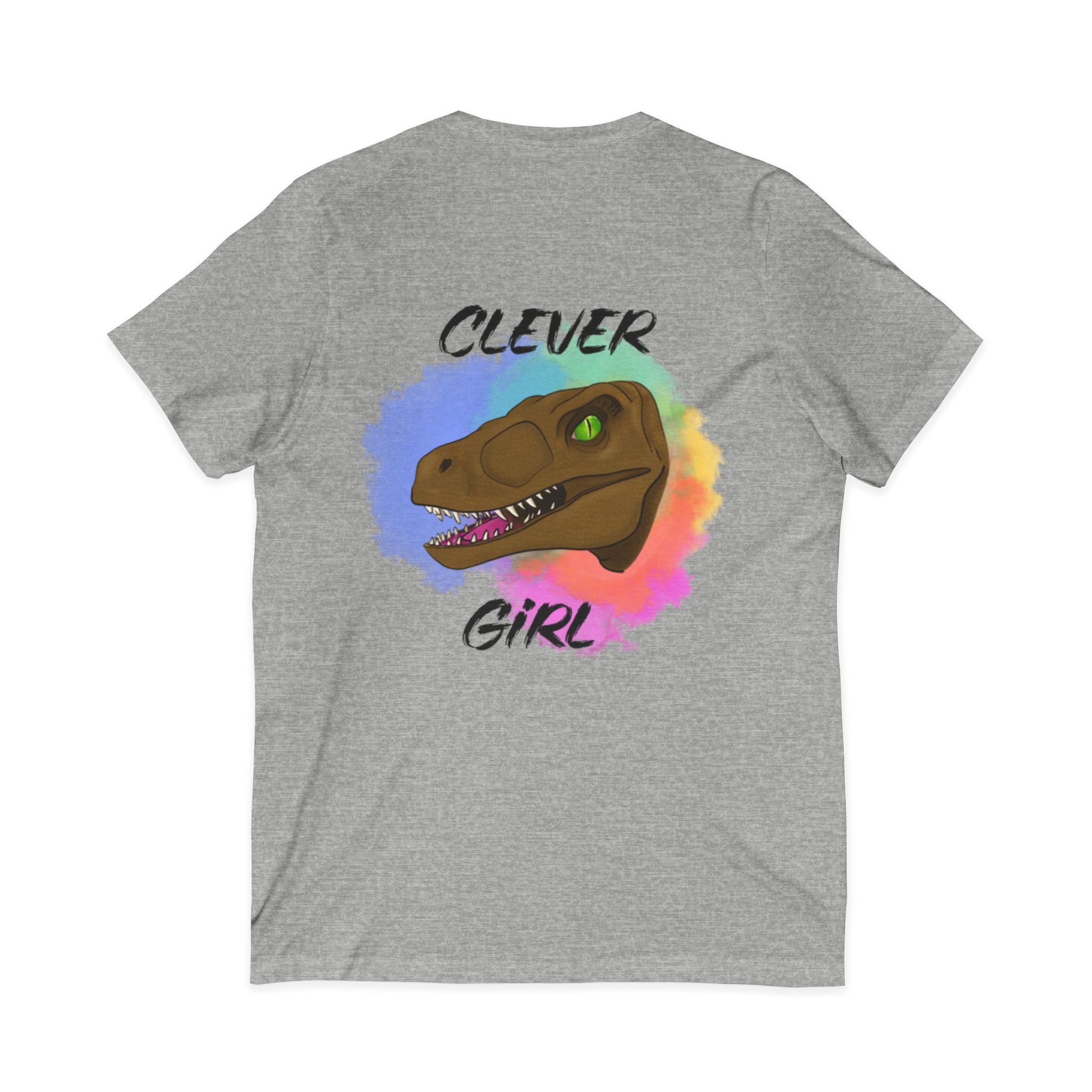 Clever Girl V-Neck Tee — Colourful Raptor Graphic T-Shirt