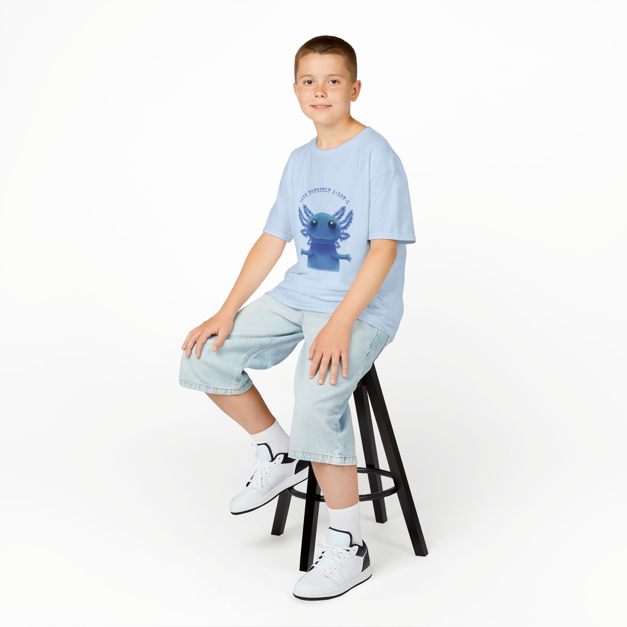 Kids Axolotl T‑Shirt — Cute Blue Axolotl 'Love Yourself A-lot-L