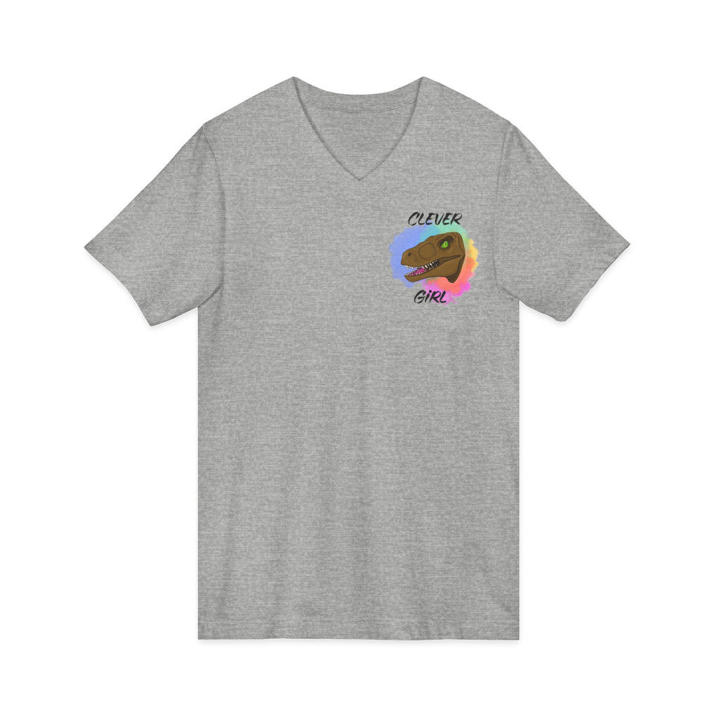 Clever Girl V-Neck Tee — Colourful Raptor Graphic T-Shirt