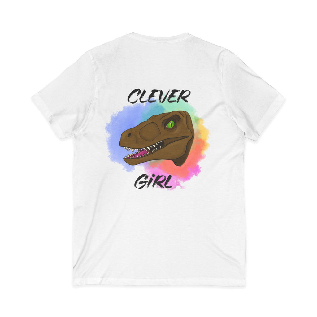 Clever Girl V-Neck Tee — Colourful Raptor Graphic T-Shirt