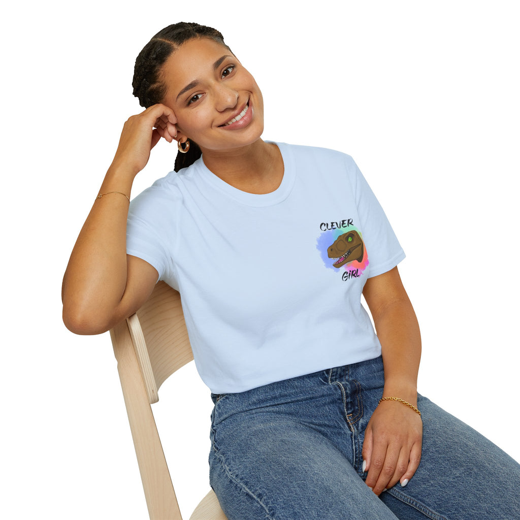 Clever Girl T‑Shirt — Colorful Raptor Graphic Tee for Dino Fans